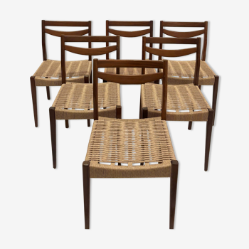 Série de 6 chaises scandinaves en bois et corde