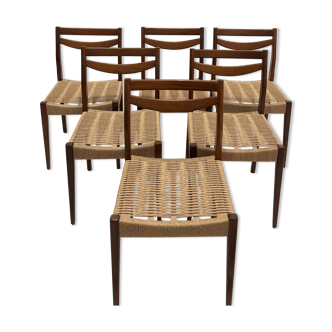 Série de 6 chaises scandinaves en bois et corde