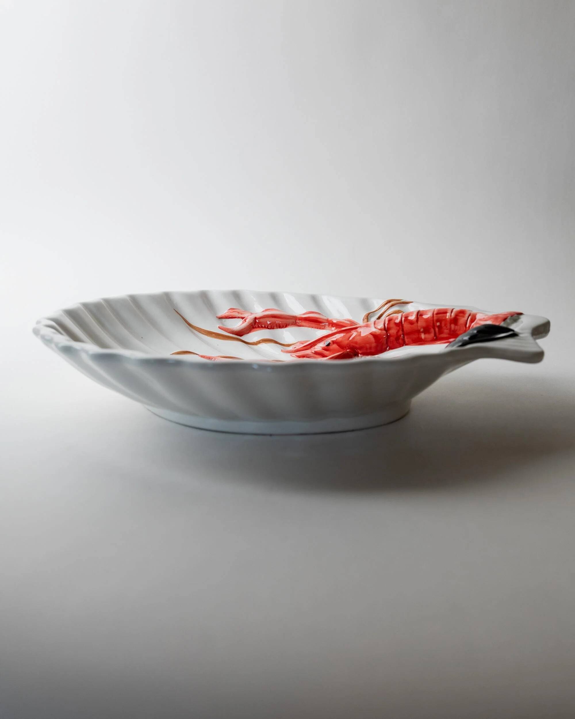 Vintage ceramic serving dish from the 1980s, hand-painted lobster design.
