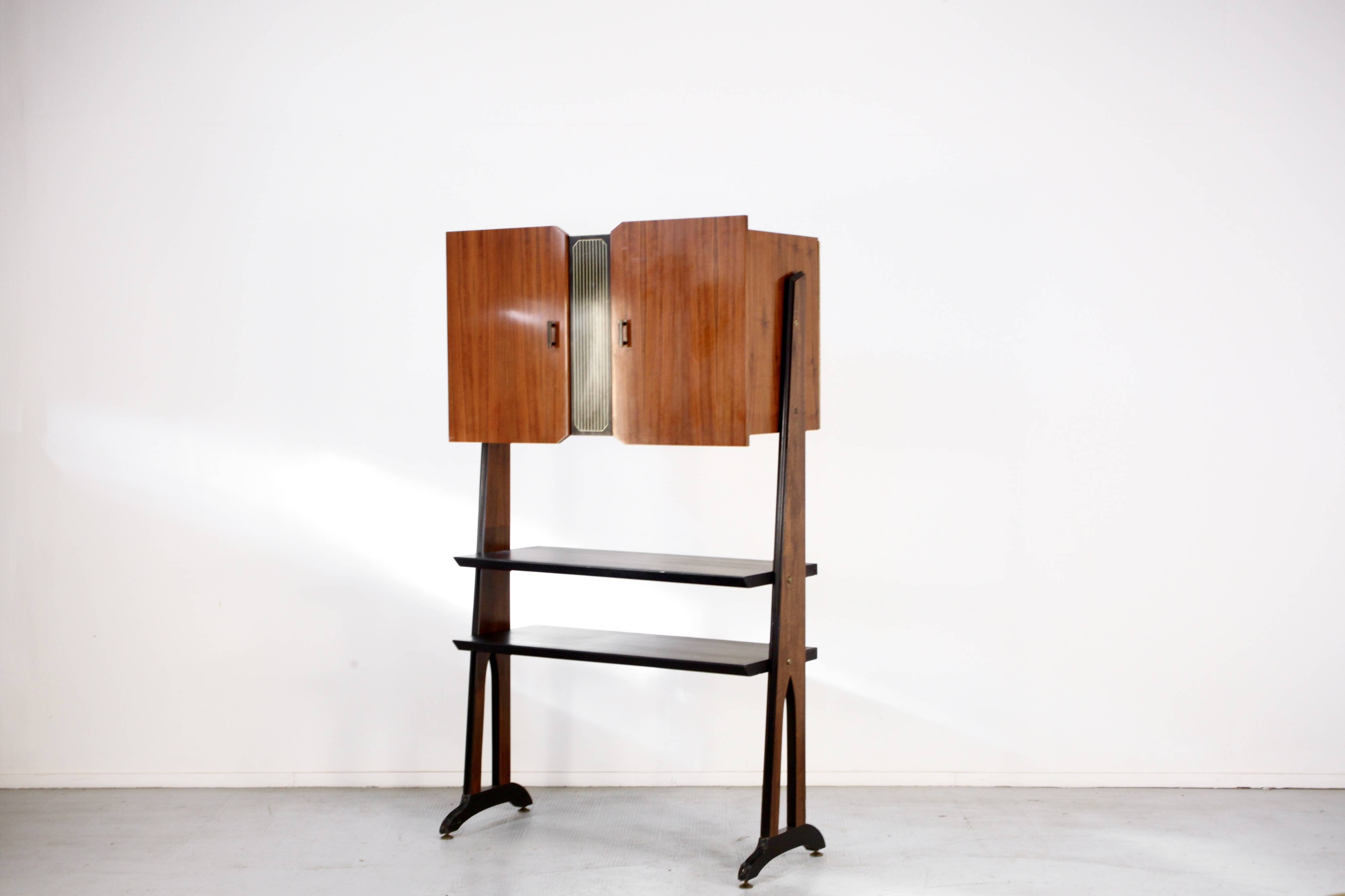 Midcentury Italian Freestanding Modular Bookshelf In Teak And Brass