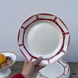 7 flat plates in white and red burgundy porcelain vintage Badonviller model Louise