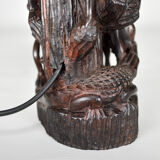 African carved ebony lamp, "Hunters, buffalo and crocodile"