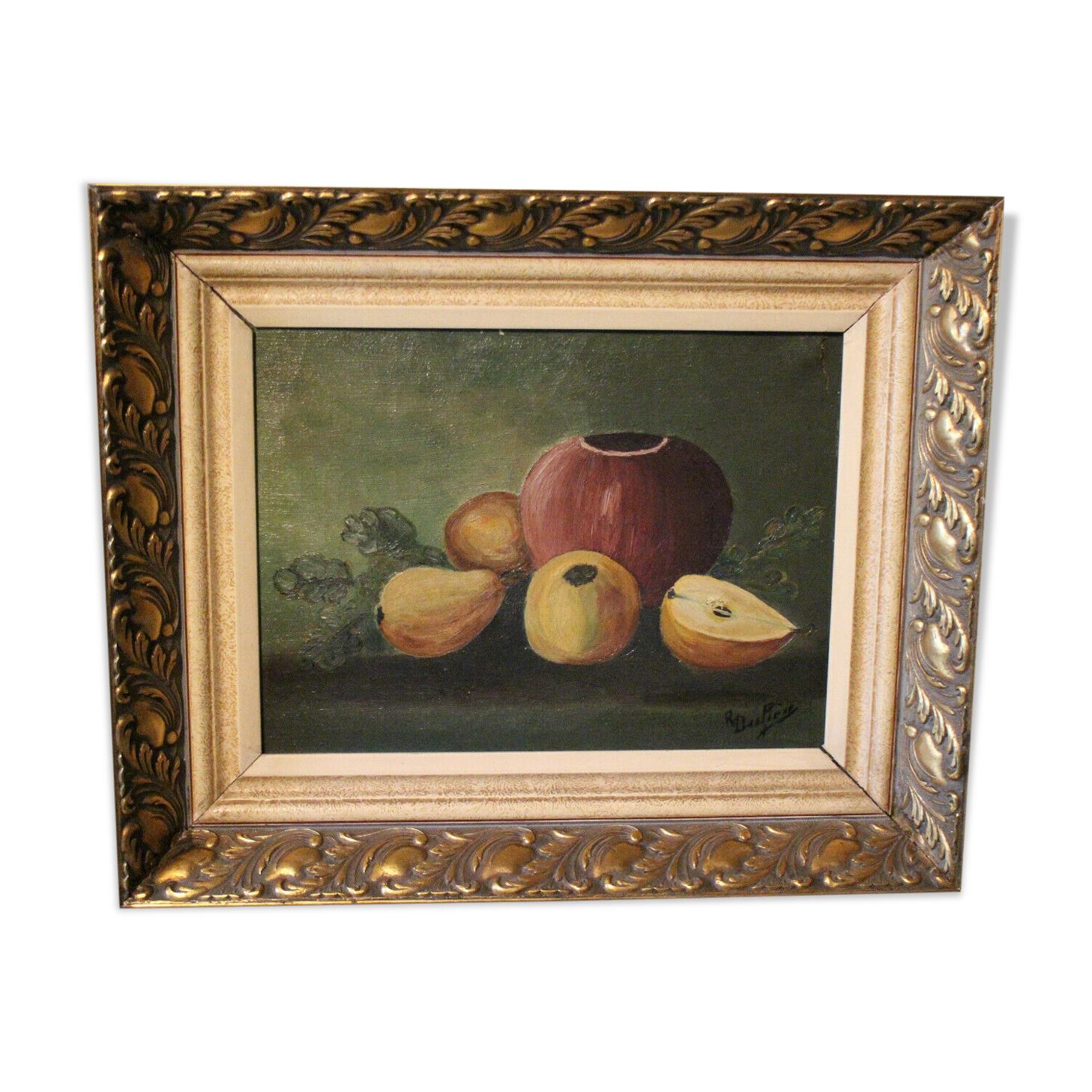 Table oil on canvas still life frame golden wood Regency style