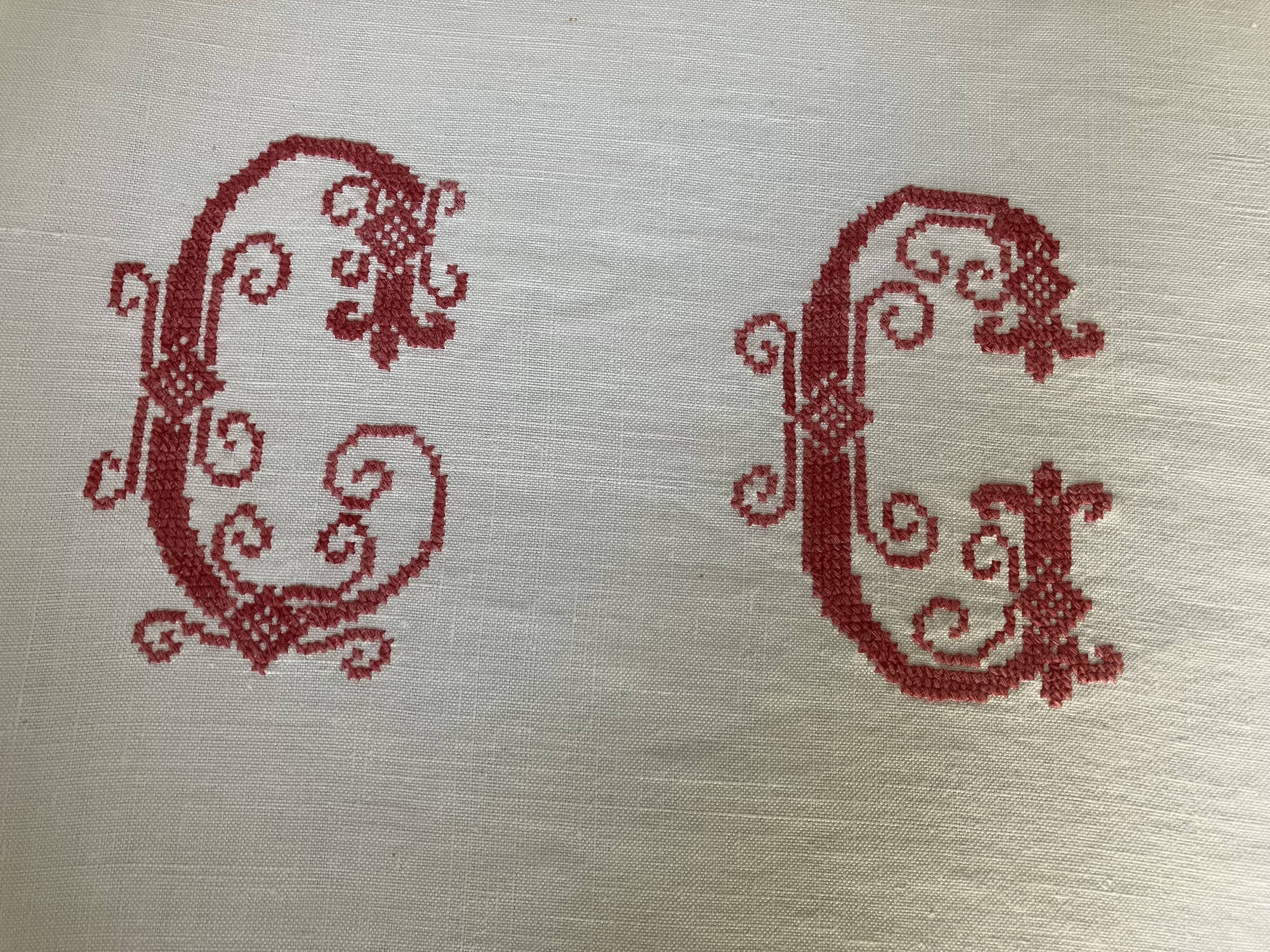 Antique linen, embroidered sheet, monogram CG.