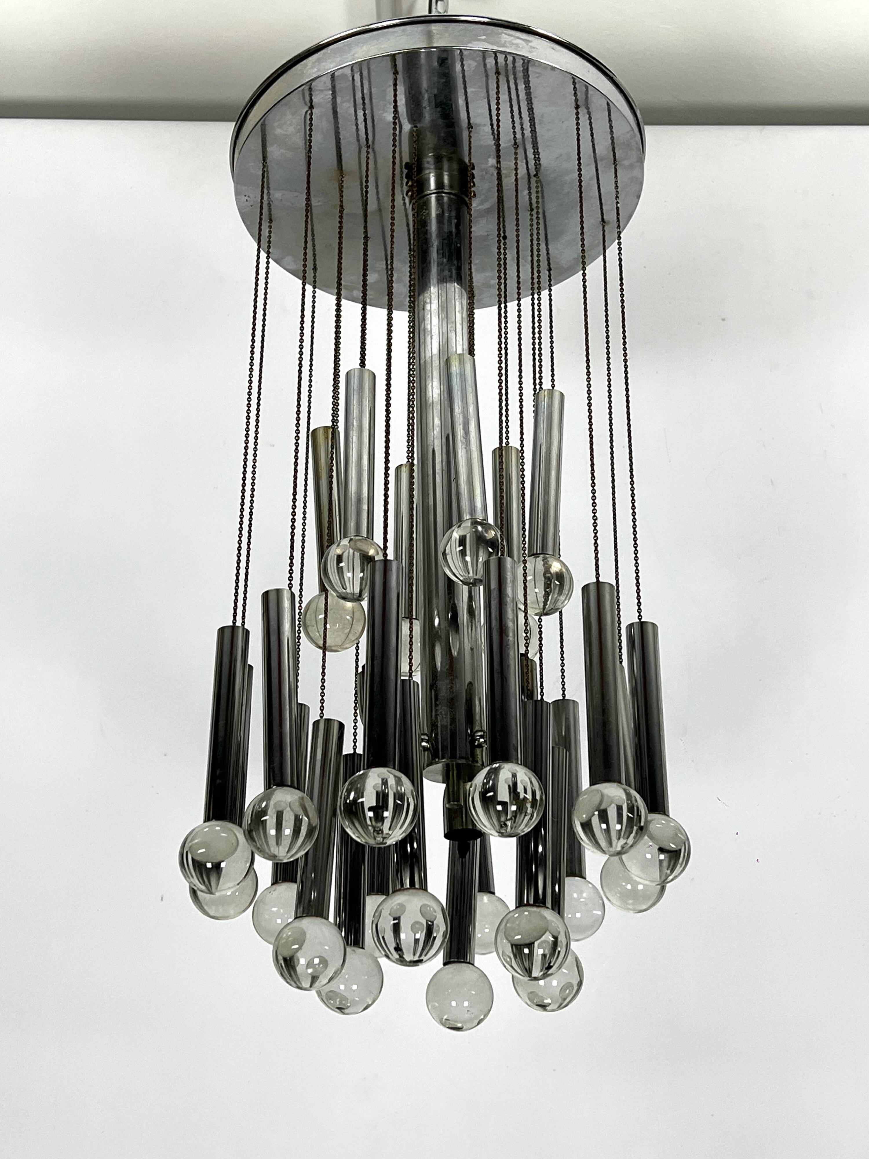Sciolari, iconic glass sphere and chrome chandelier. Italy 1960s