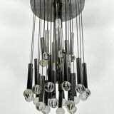 Sciolari, iconic glass sphere and chrome chandelier. Italy 1960s
