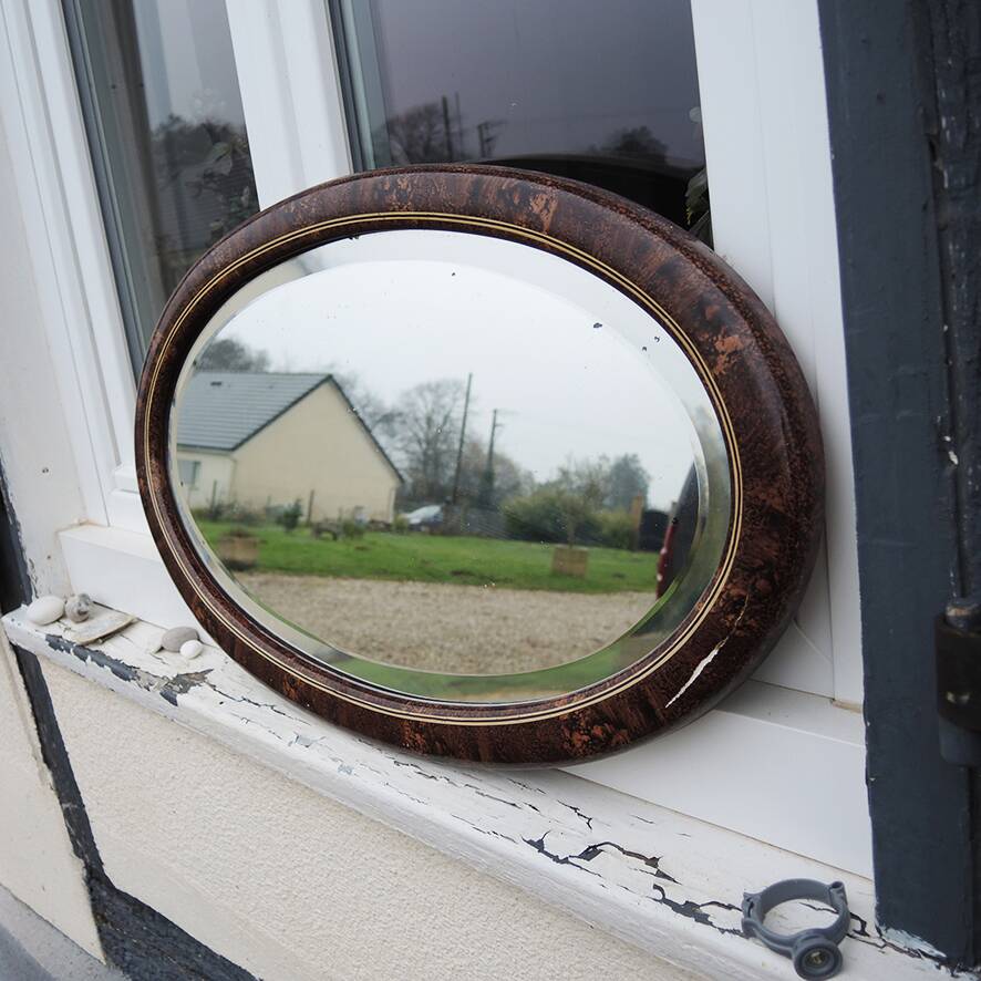 Antique Oval Beveled Mirror with Wooden Frame