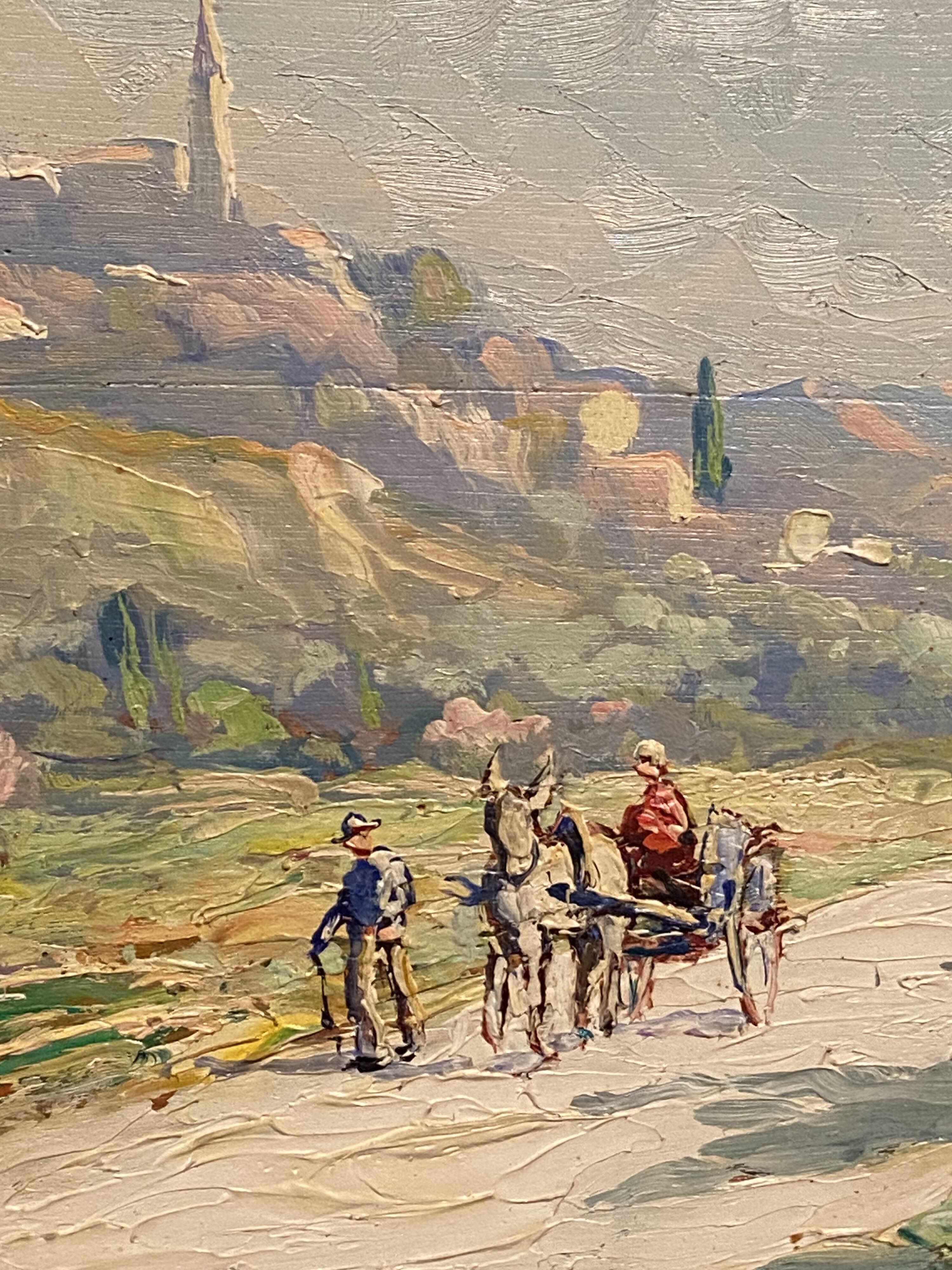 Landscape painting view from the village of Les Angles, Gard, Avignon, Hurard 1887-1956