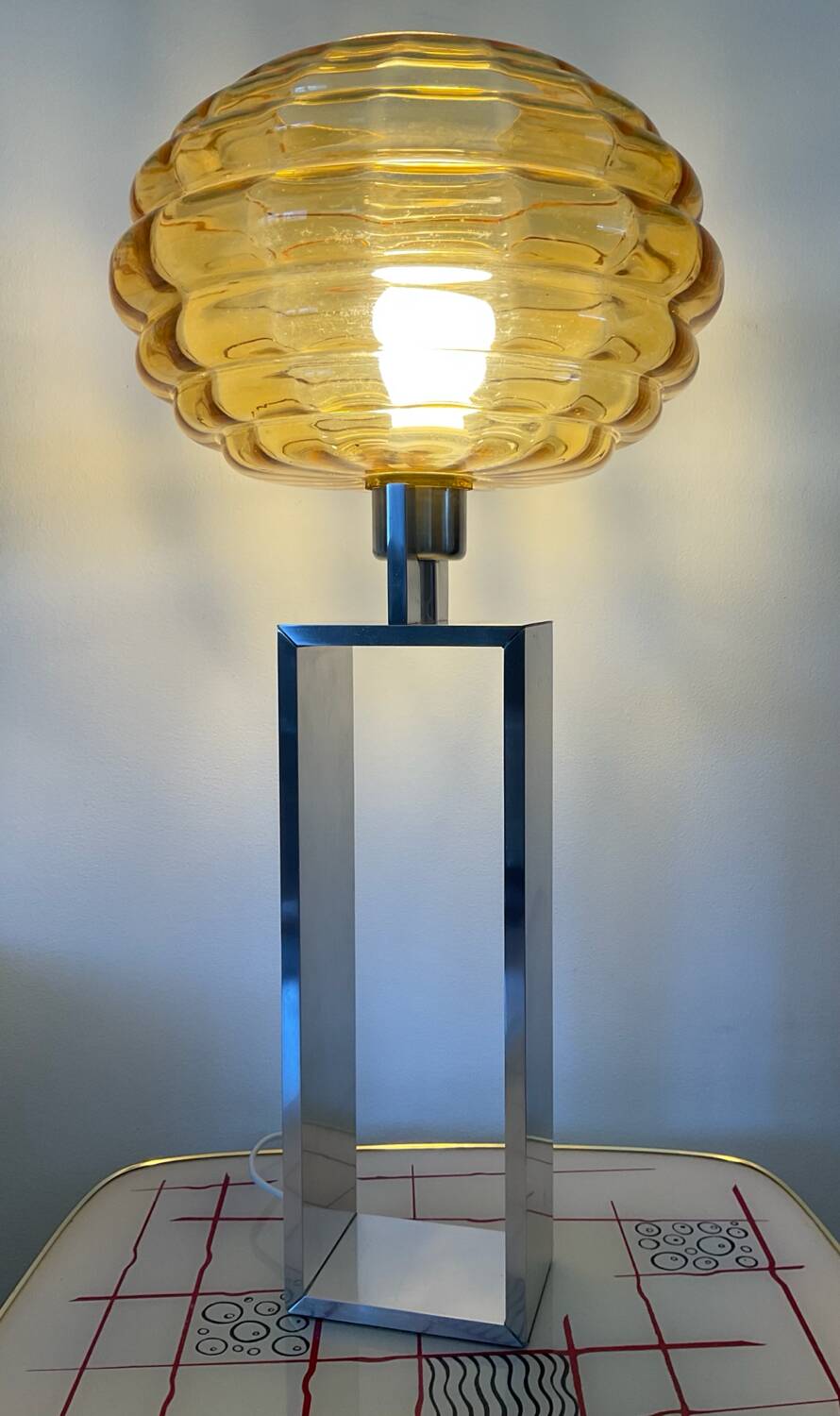 Vintage lamp in amber glass and aluminum