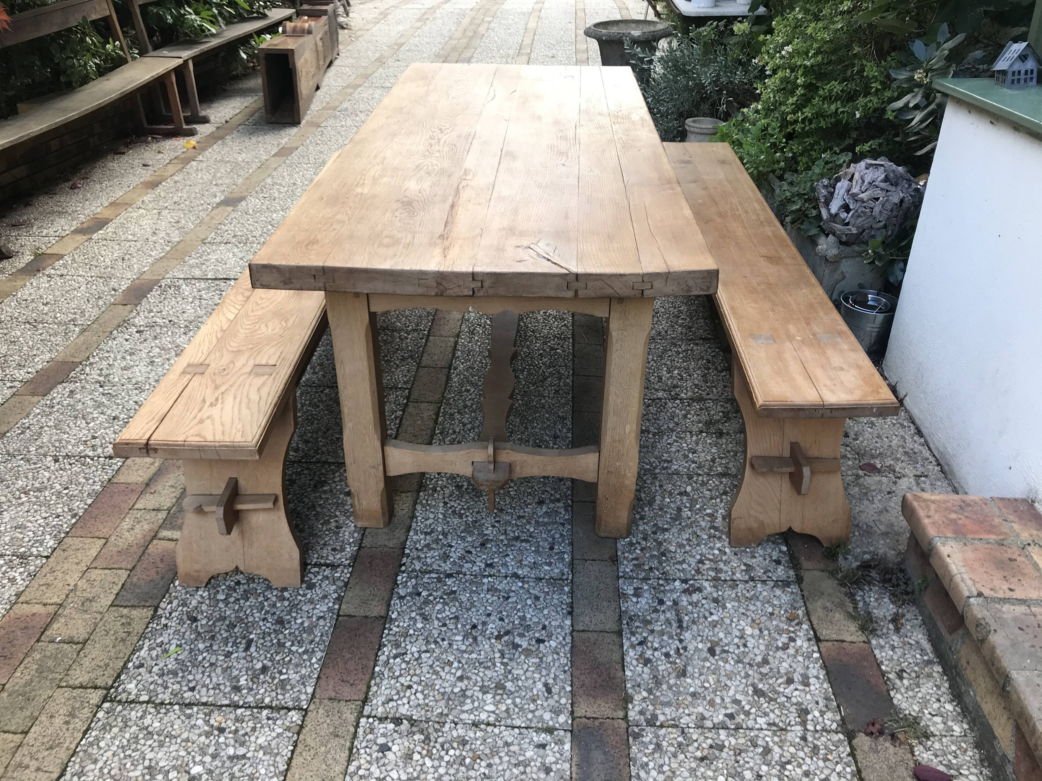Farm table and two solid oak benches
