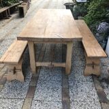Farm table and two solid oak benches
