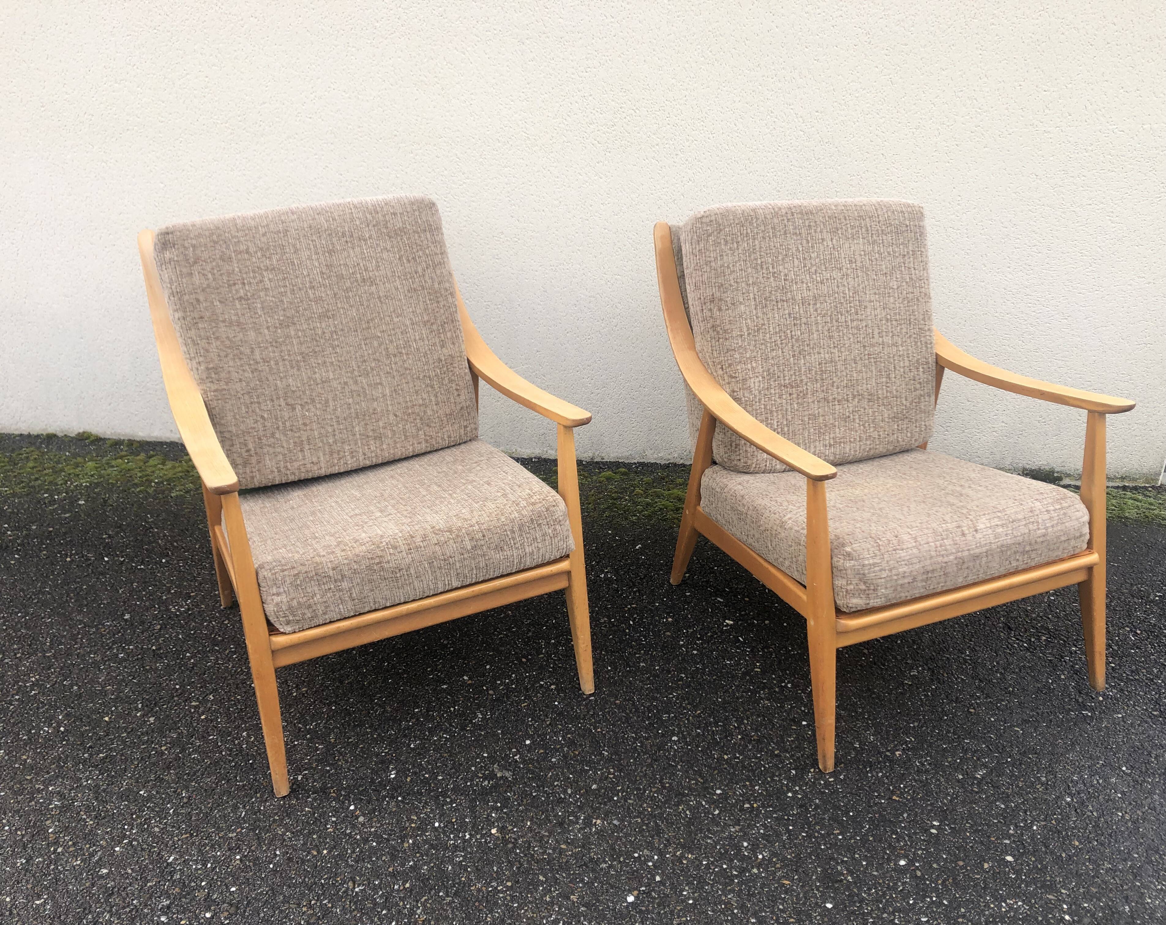 Scandinavian style armchairs blond wood 60s