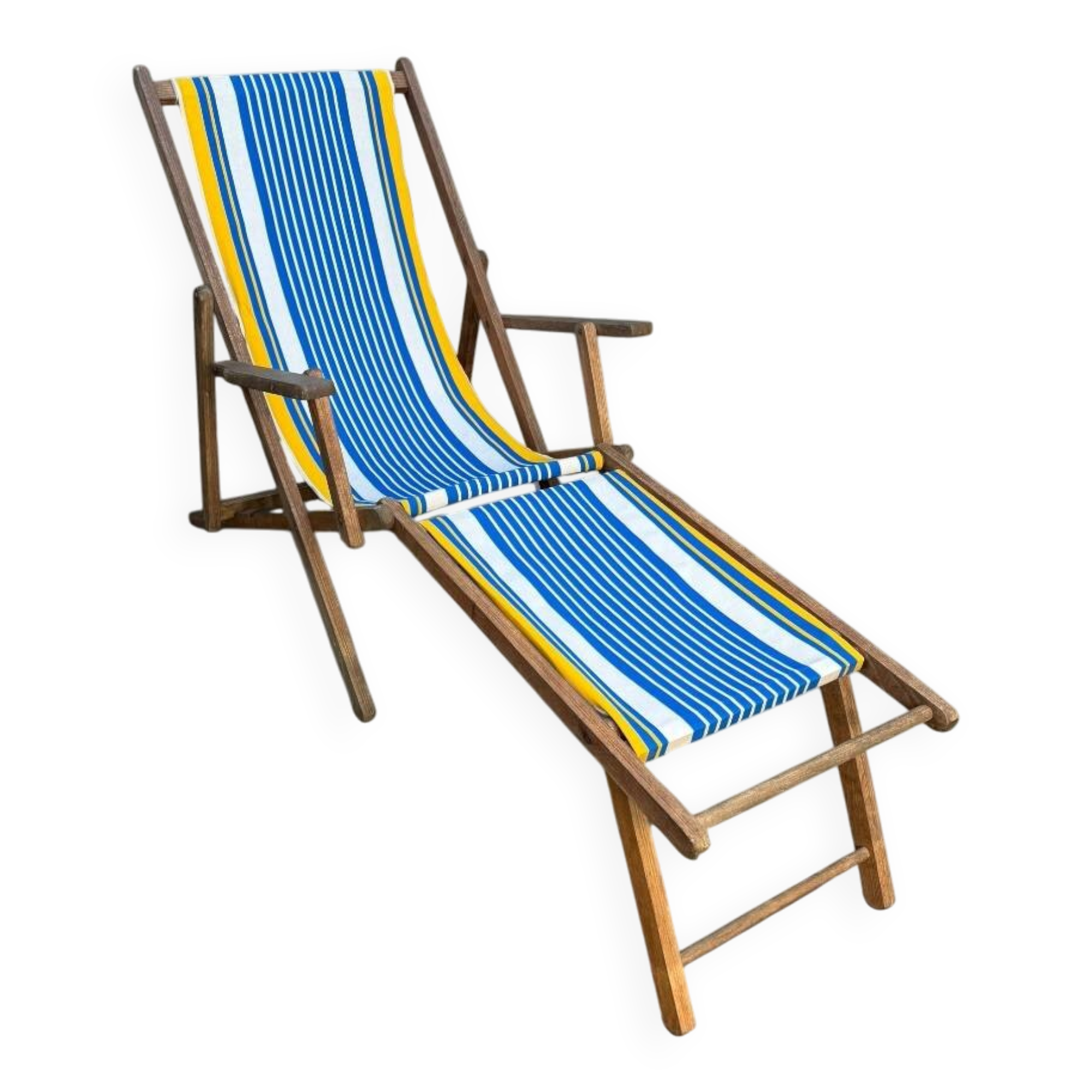 Vintage deck chair with blue and yellow striped fabric, original patina.