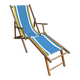 Vintage deck chair with blue and yellow striped fabric, original patina.