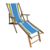 Vintage deck chair with blue and yellow striped fabric, original patina.