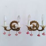 Pair of brass and porcelain wall lights