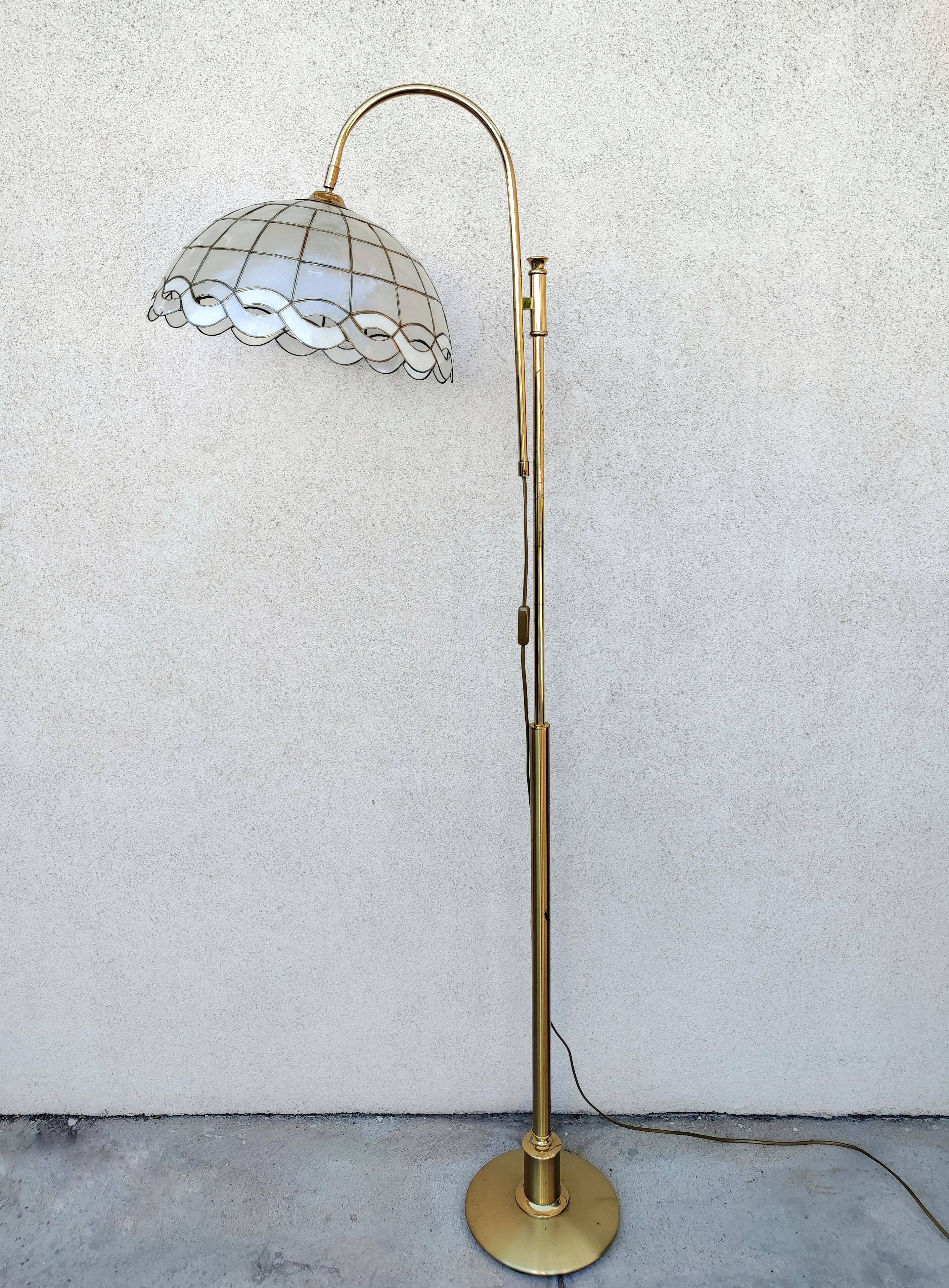 Mid Century Modern brass floor lamp with Capiz shell shade 1970s