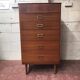 Commode haute Mid-Century en teck marron avec tambour et 5 tiroirs, pieds fuselés