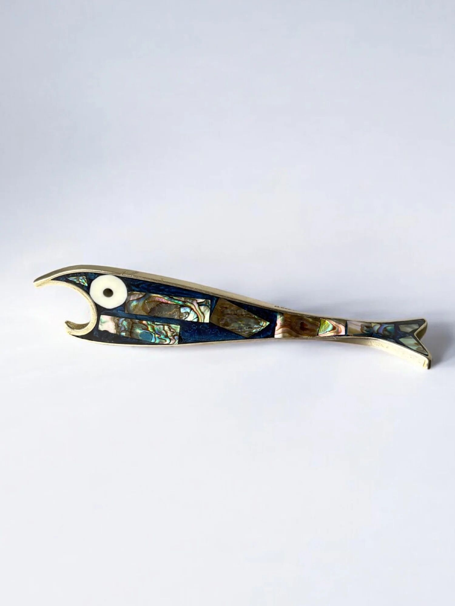 Fish bottle opener, abalone shell & alpaca, Mexico, 1980s