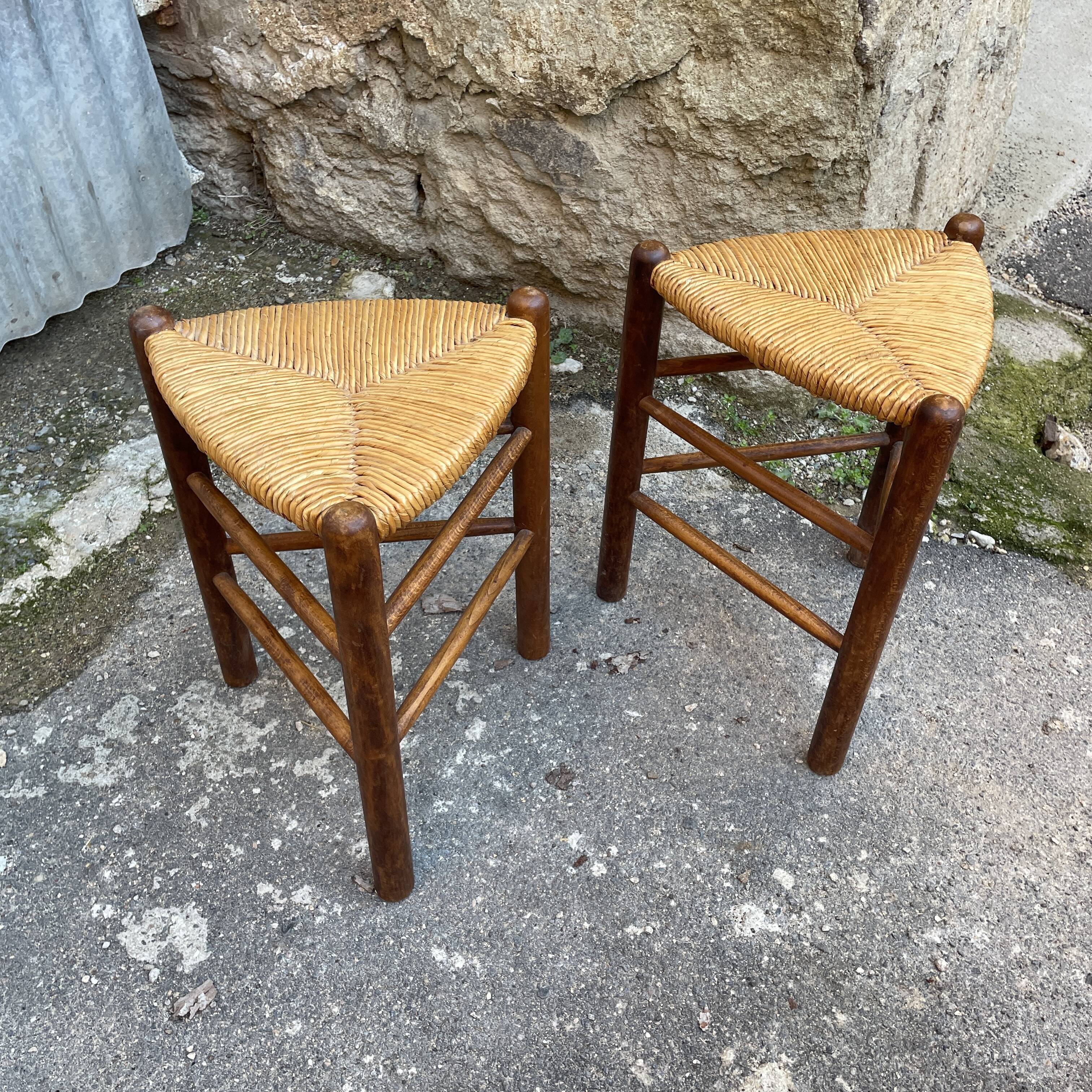Pair tripod stool vintage design wood and straw