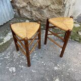 Pair tripod stool vintage design wood and straw