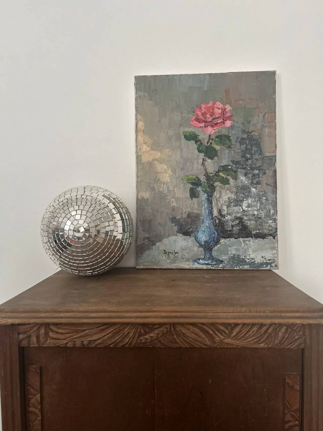 Antique oil painting on canvas, "The Rose in a Blue Vase," mid-20th century, signed