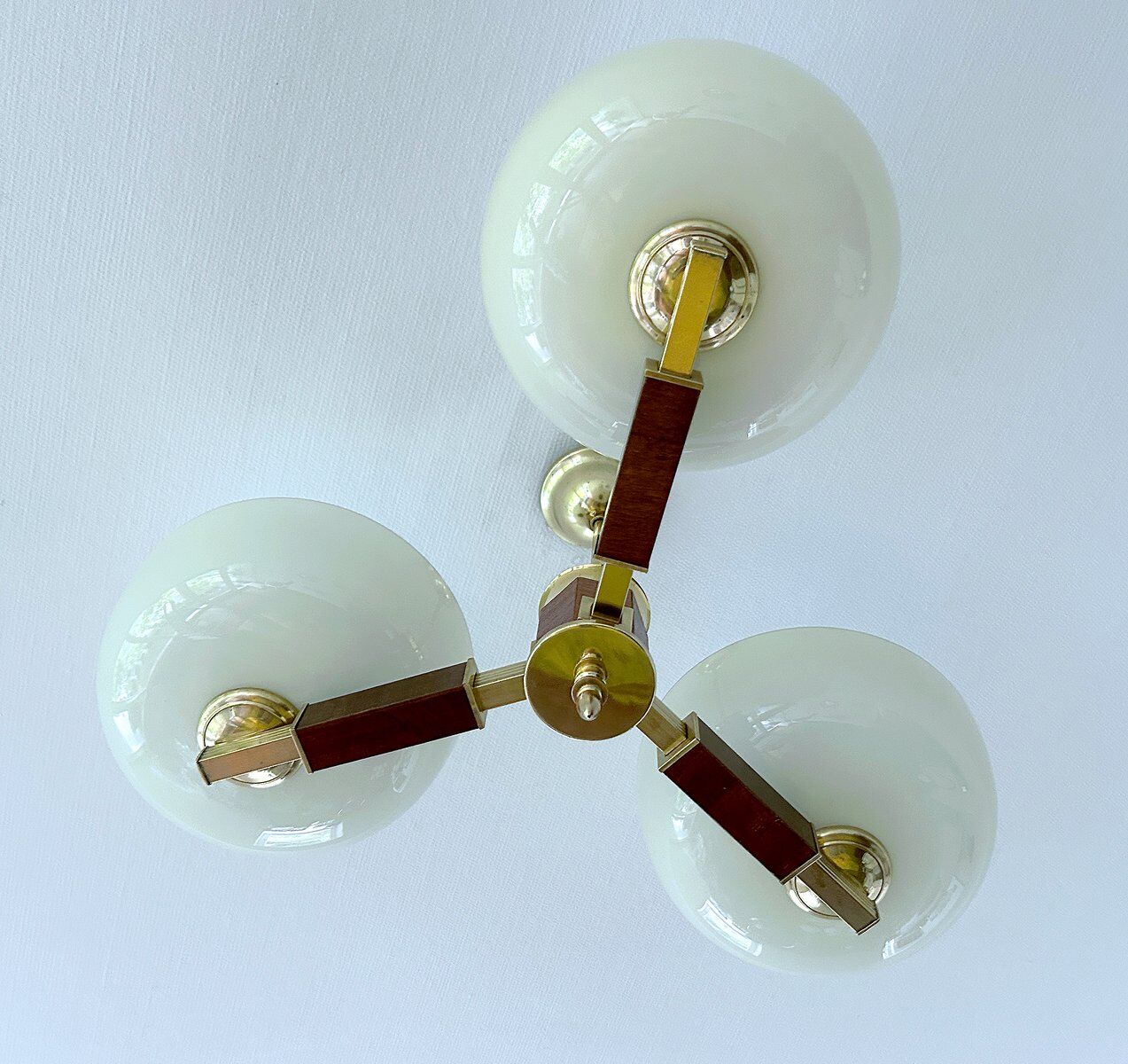 Large Art Deco pendant light in wood and glass, 1930s