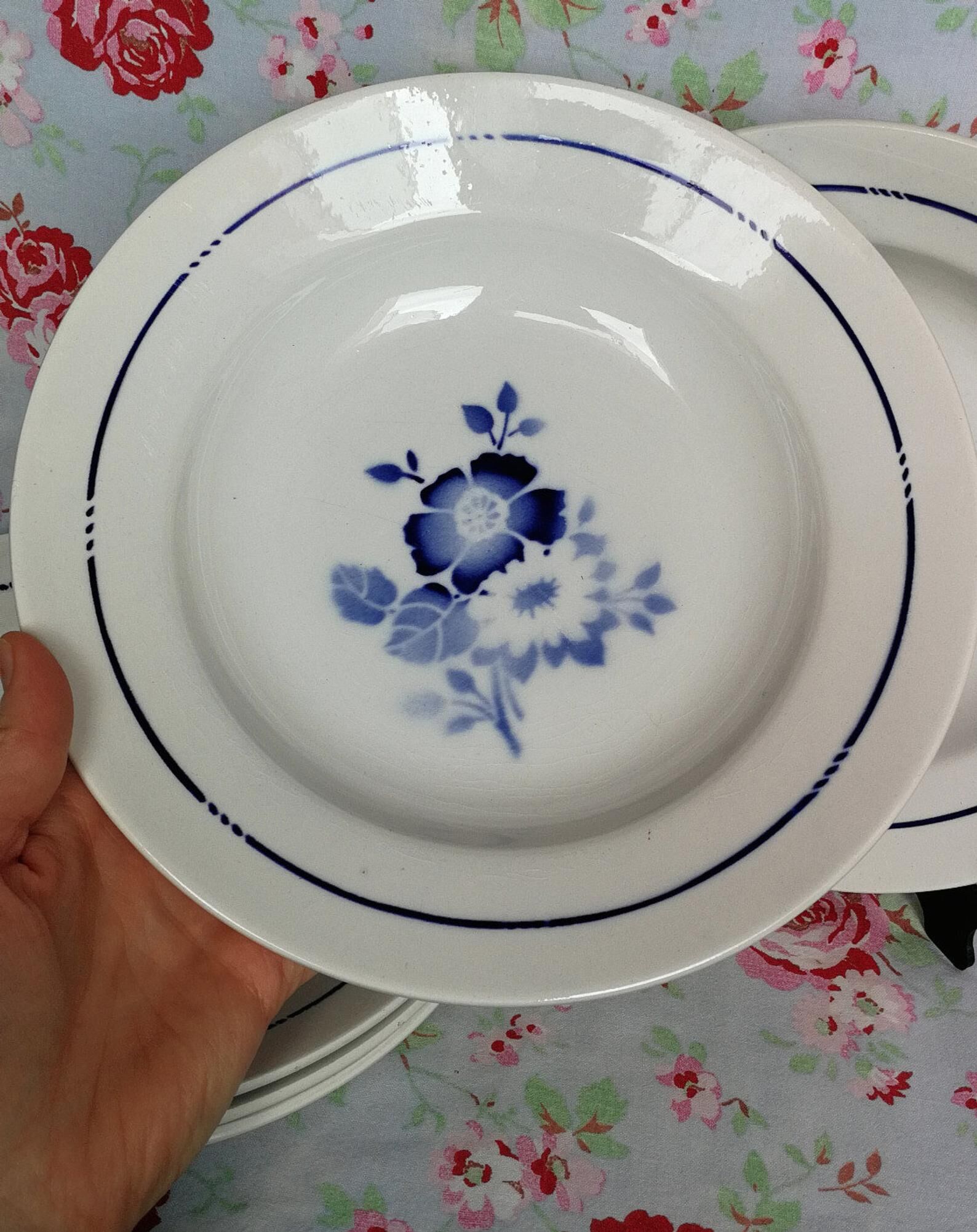 6 old blue flowers with stencil hollow plates