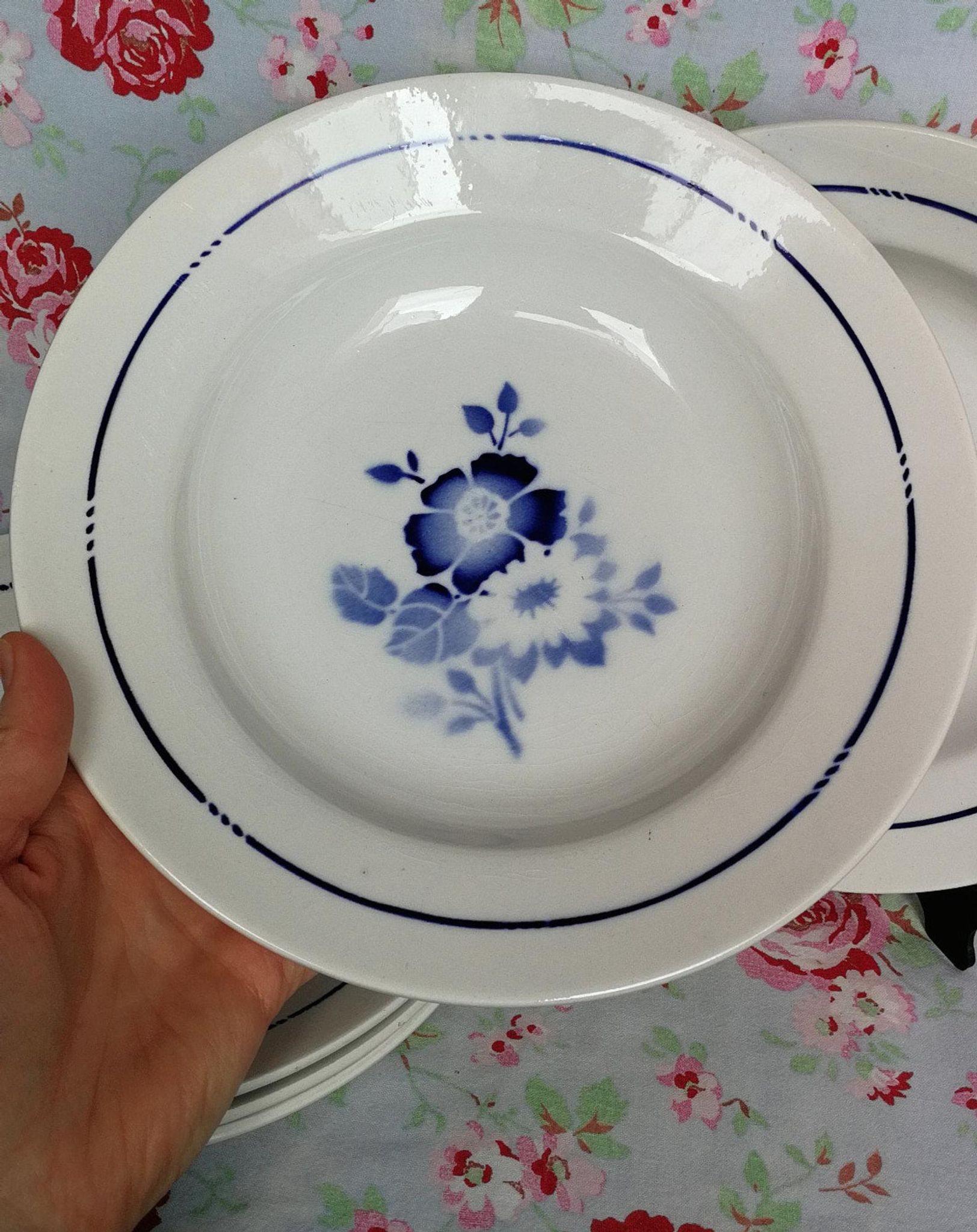 6 old blue flowers with stencil hollow plates