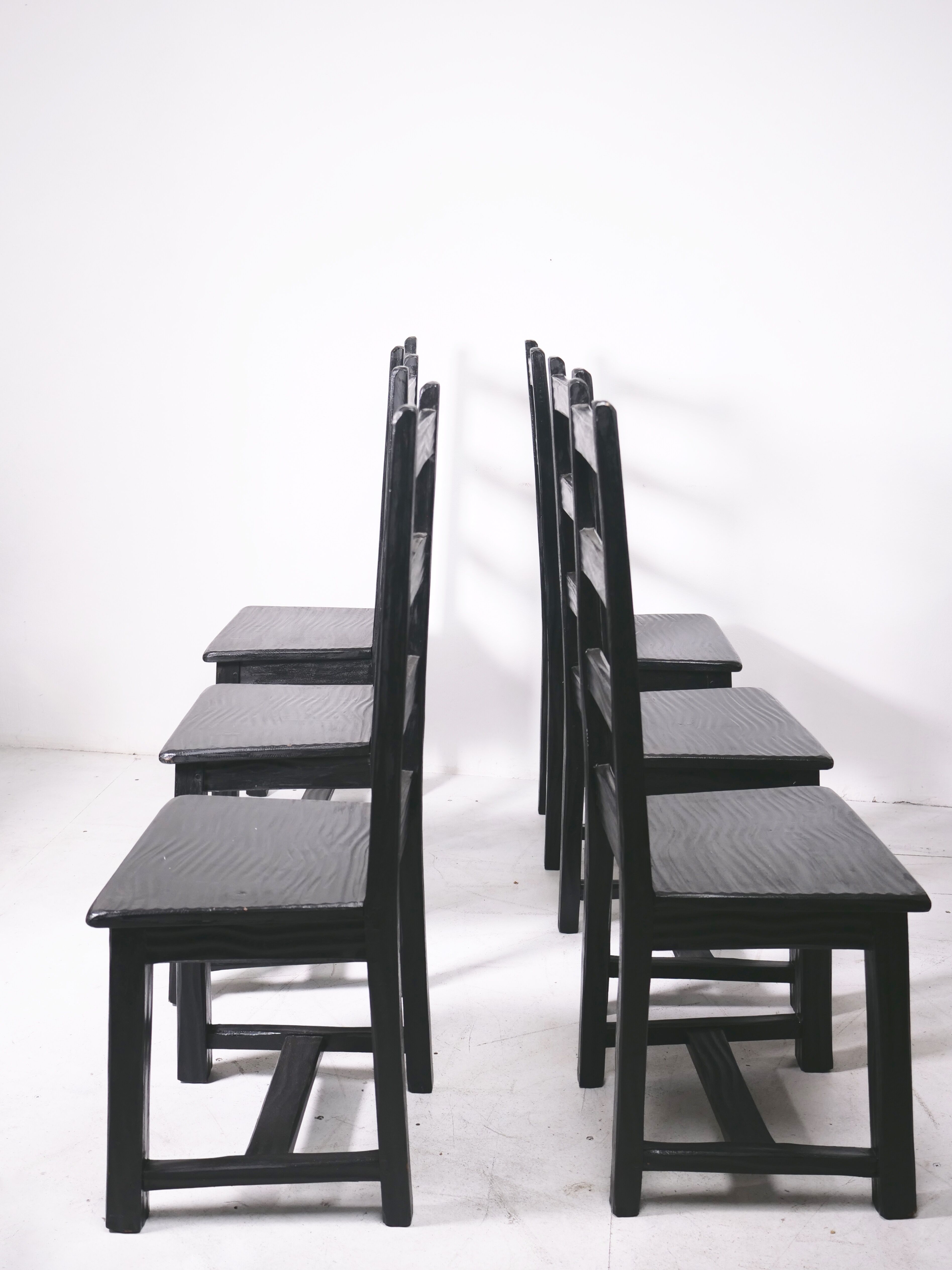 Set of 6 black brutalist chairs in solid oak