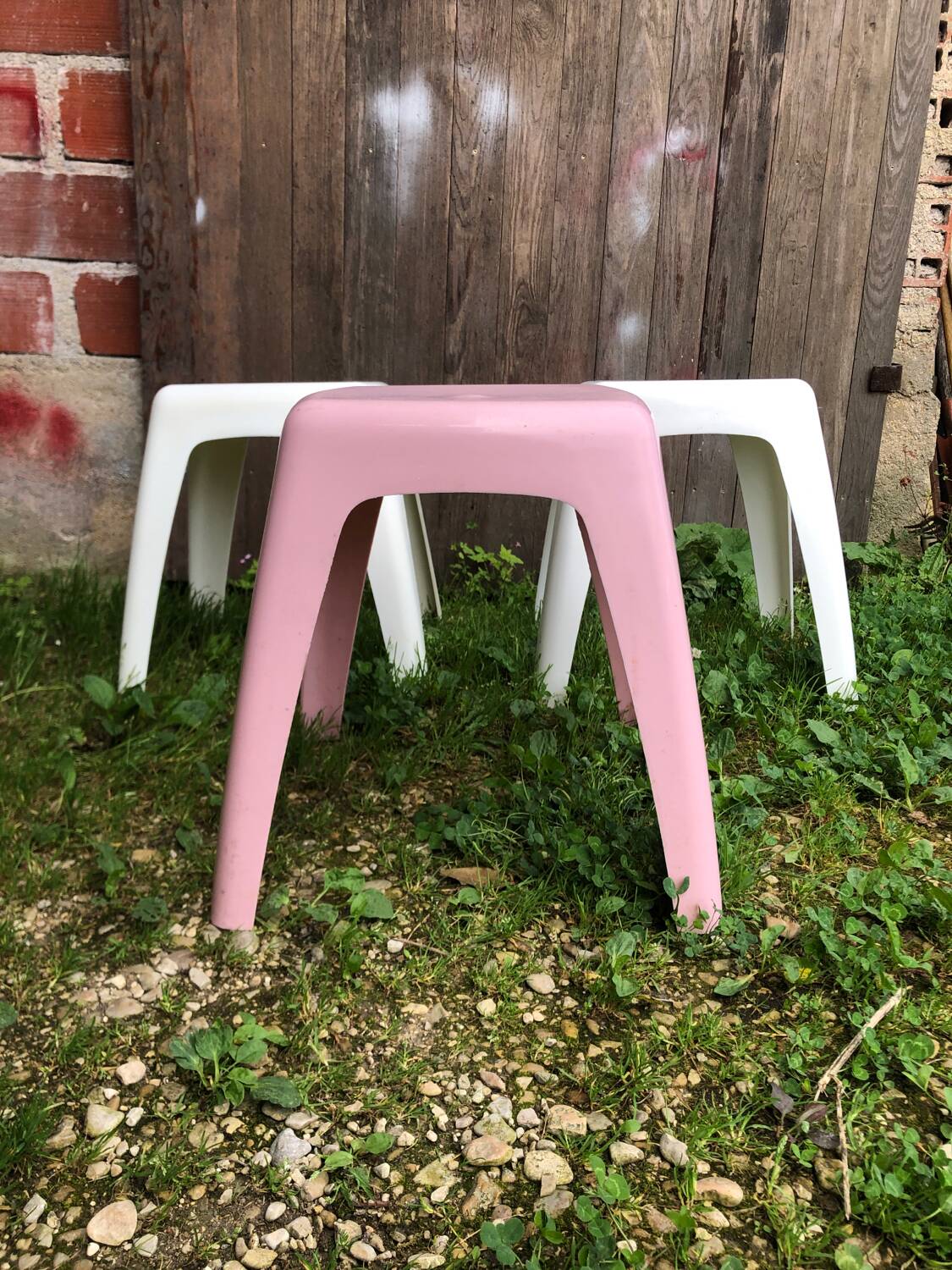Series of 3 old vintage white & pink plastic stools