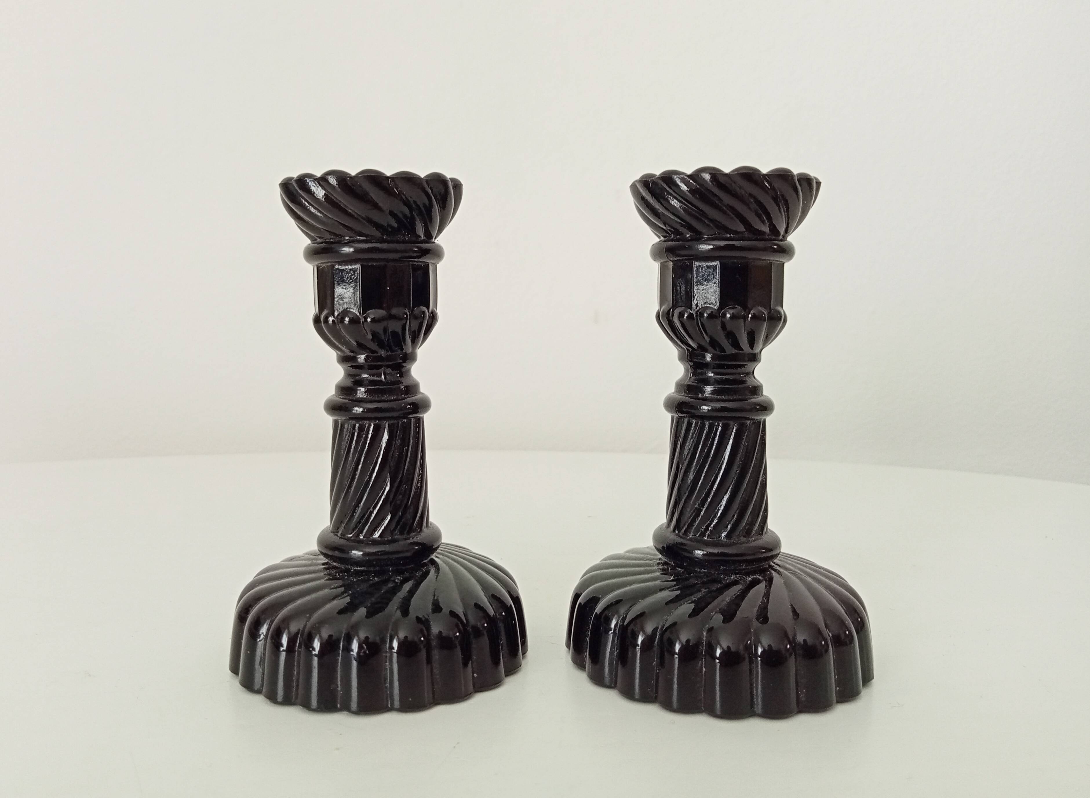 Pair of vintage 60s candlesticks in black opaline