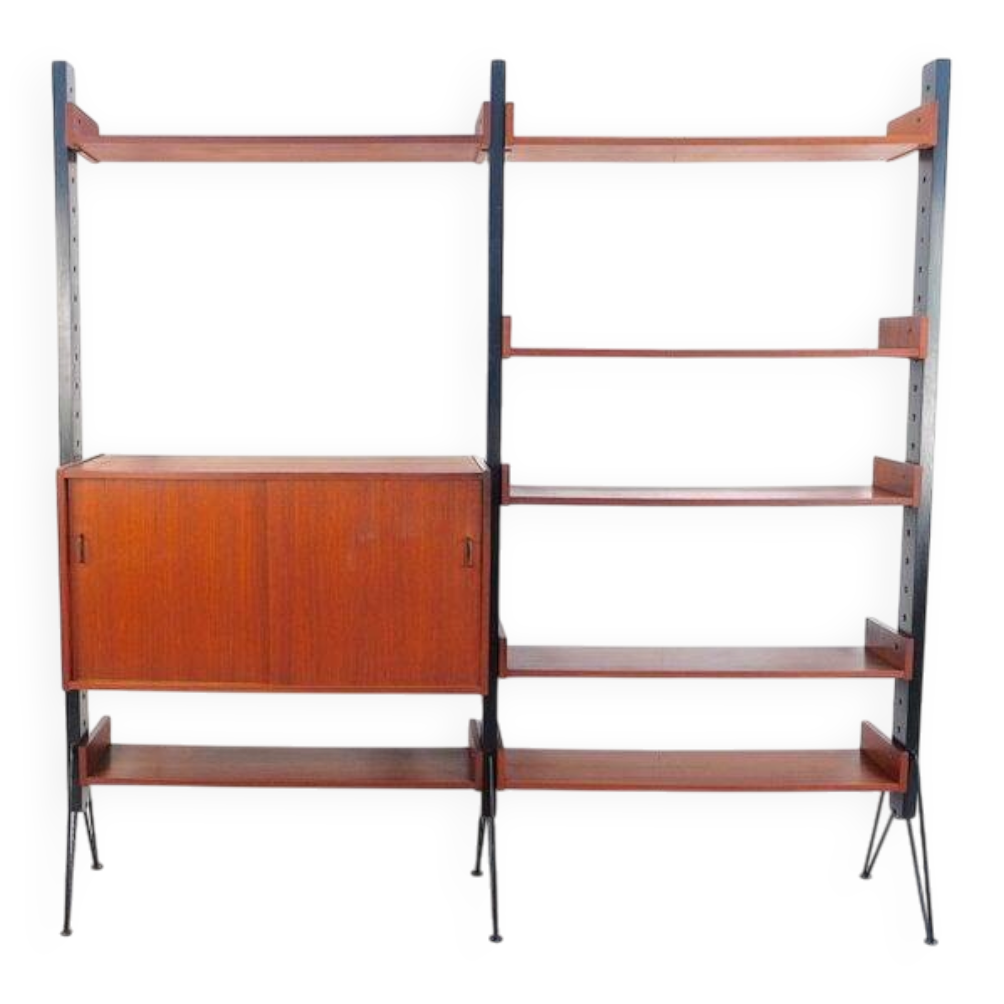 Vintage teak shelving system in 60s-70s style, retro style.