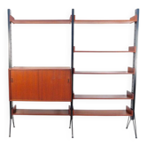 Vintage teak shelving system in 60s-70s style, retro style.