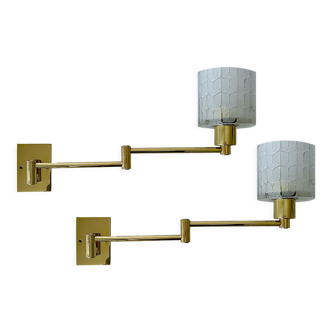 Pair of vintage Scandinavian wall lamps, 60 years, brass opaline glass