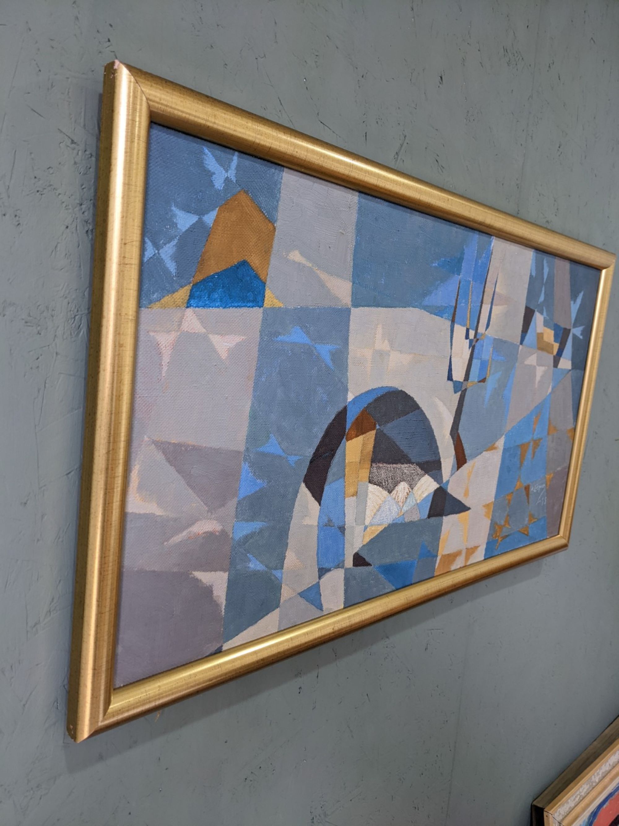 1955 mid-century modern swedish "sea bridge" vintage abstract oil painting, framed