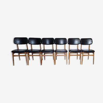Six chaises scandinaves hêtre et vynil noir, scandinave, vintage, années 60