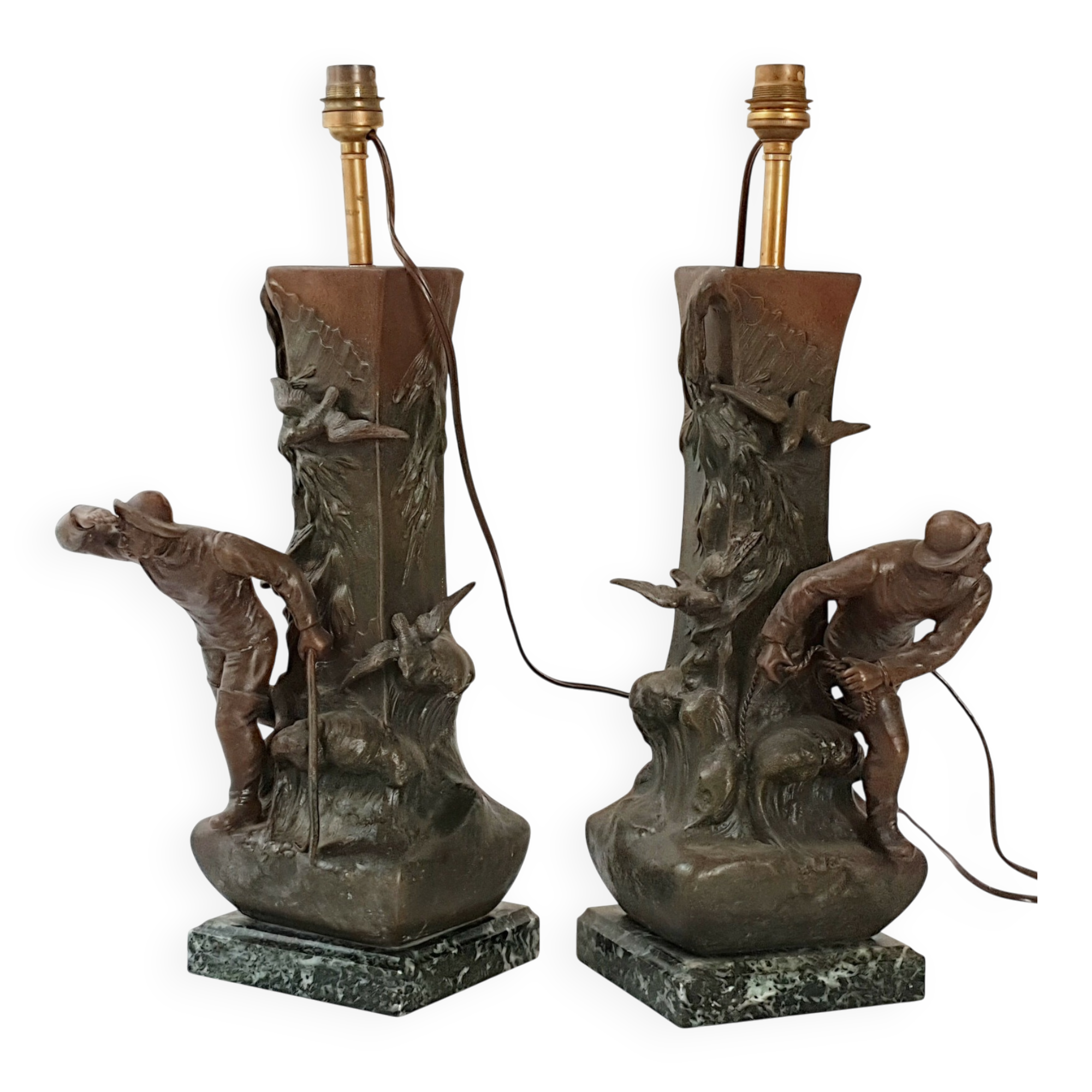 Pair of fisherman lamps art deco 1940 1940 vintage in metal & marble 30s 4