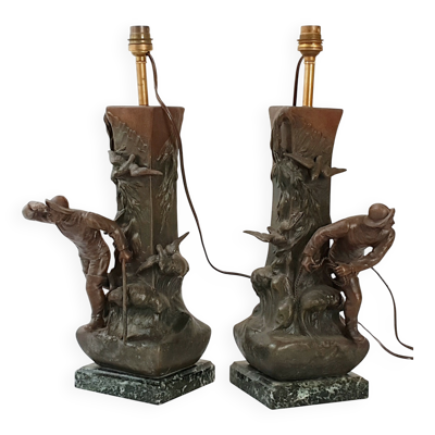 Paire de lampes pecheurs art deco 1940 1940 vintage en metal & marbre 30s 4