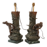 Pair of fisherman lamps art deco 1940 1940 vintage in metal & marble 30s 4