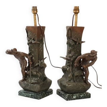 Paire de lampes pecheurs art deco 1940 1940 vintage en metal & marbre 30s 4