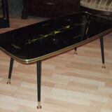 1960 compass foot coffee table, abstract decoration tray under glass.