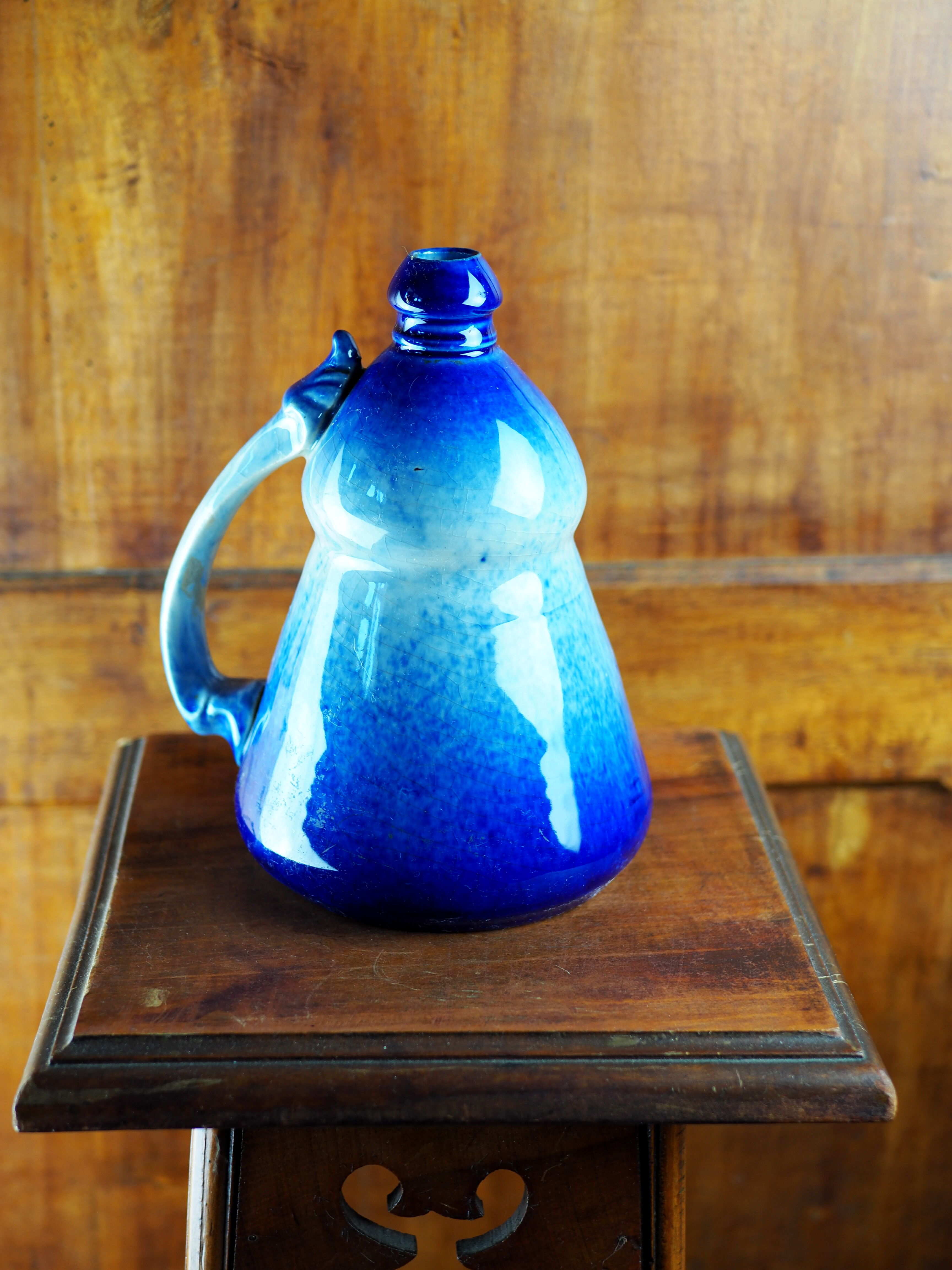 Conical jug with blue glaze and elaborate handle - folk art - early twentieth century