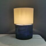 Sculptural table lamp in blue glaze with an abstract expression.