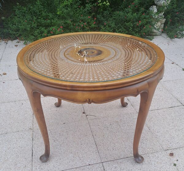 Guéridon, table d'appoint en bois et cannage style Chippendale