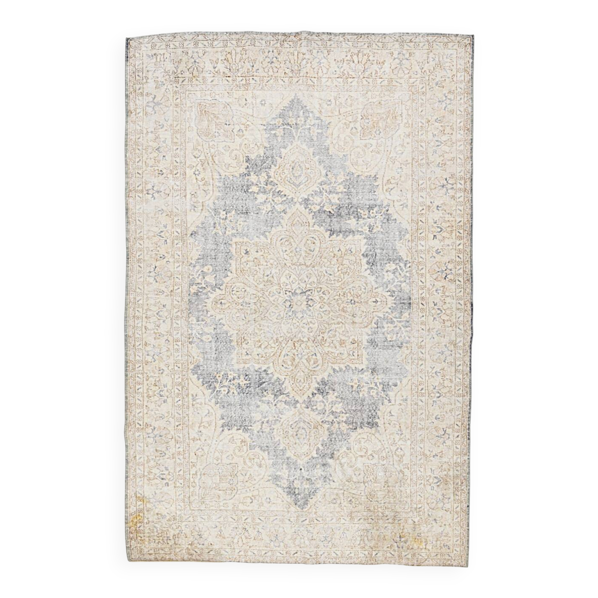 Vintage Light Blue & Cream Turkish Rug, Oriental Pattern Bedroom Carpet