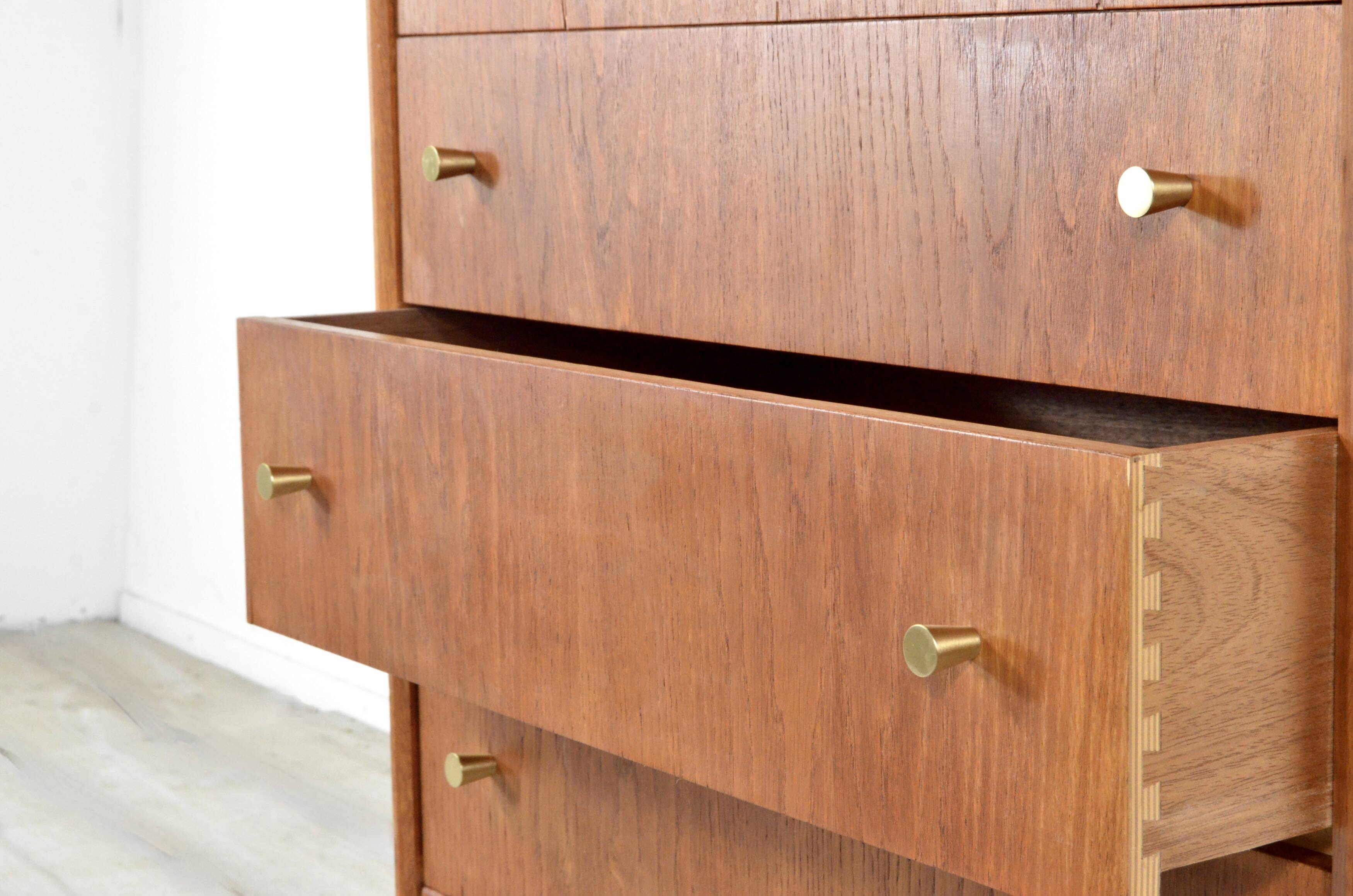 Midcentury Teak And Brass Chest Of Drawers Tallboy. Vintage Modern Retro