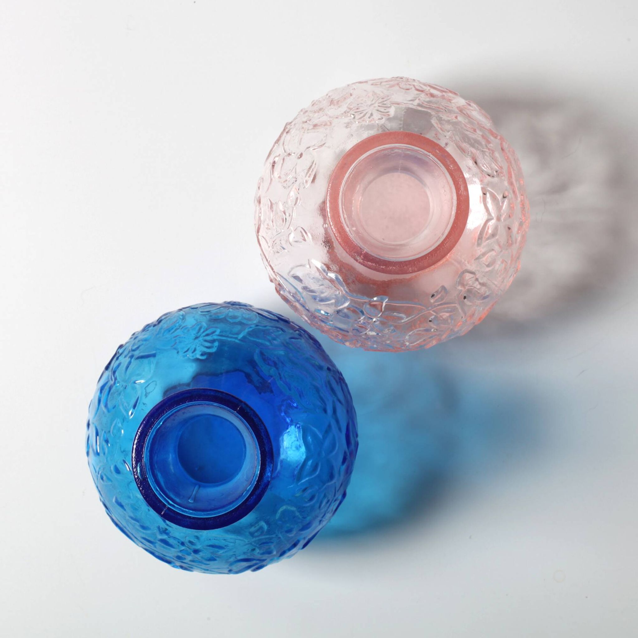 Set of 2 Vintage Small Blue and PinkGlass Vases with Flowers Pattern, Italy