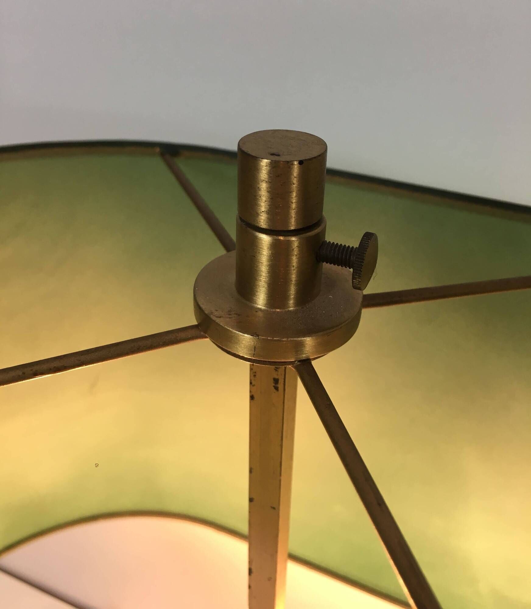 Pair of Two-Light Table Lamps in Brass with Green Shades. Work F