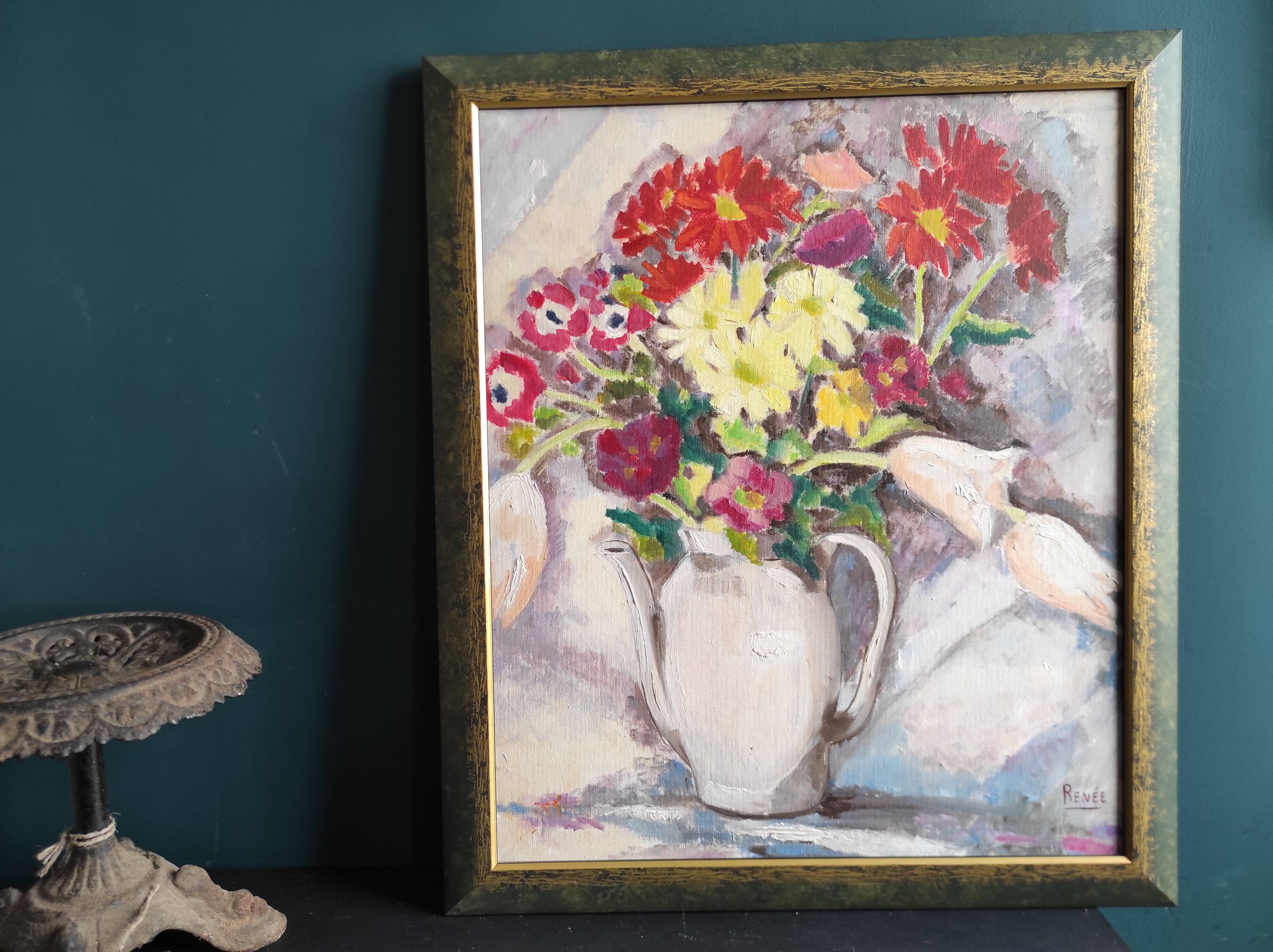 Vintage French oil painting of flowers, signed Renée